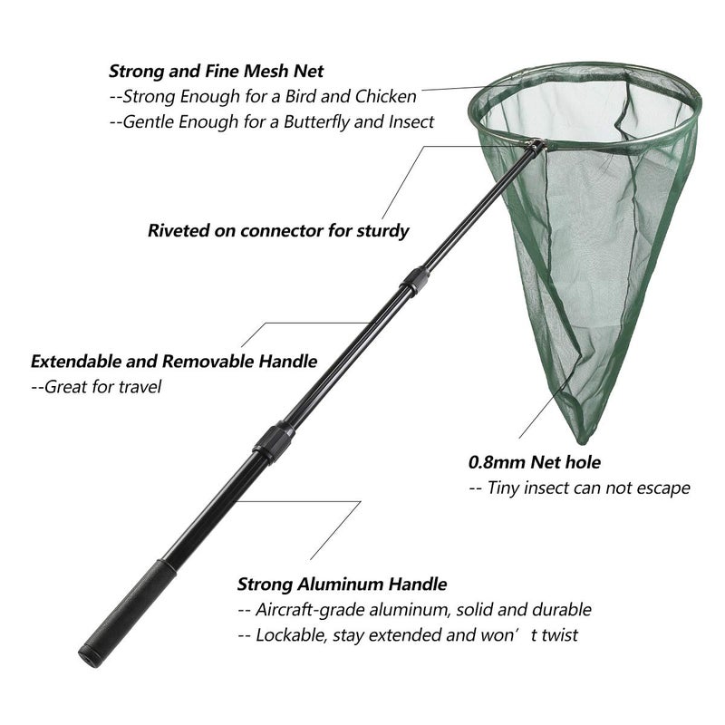 RESTCLOUD Professional Insect and Butterfly Net with 14" Stainless Ring, 26" Net Depth, Strong Aluminum Telescopic Handle Extends to 39", Full Extended to 53 Inches Green - Image 3